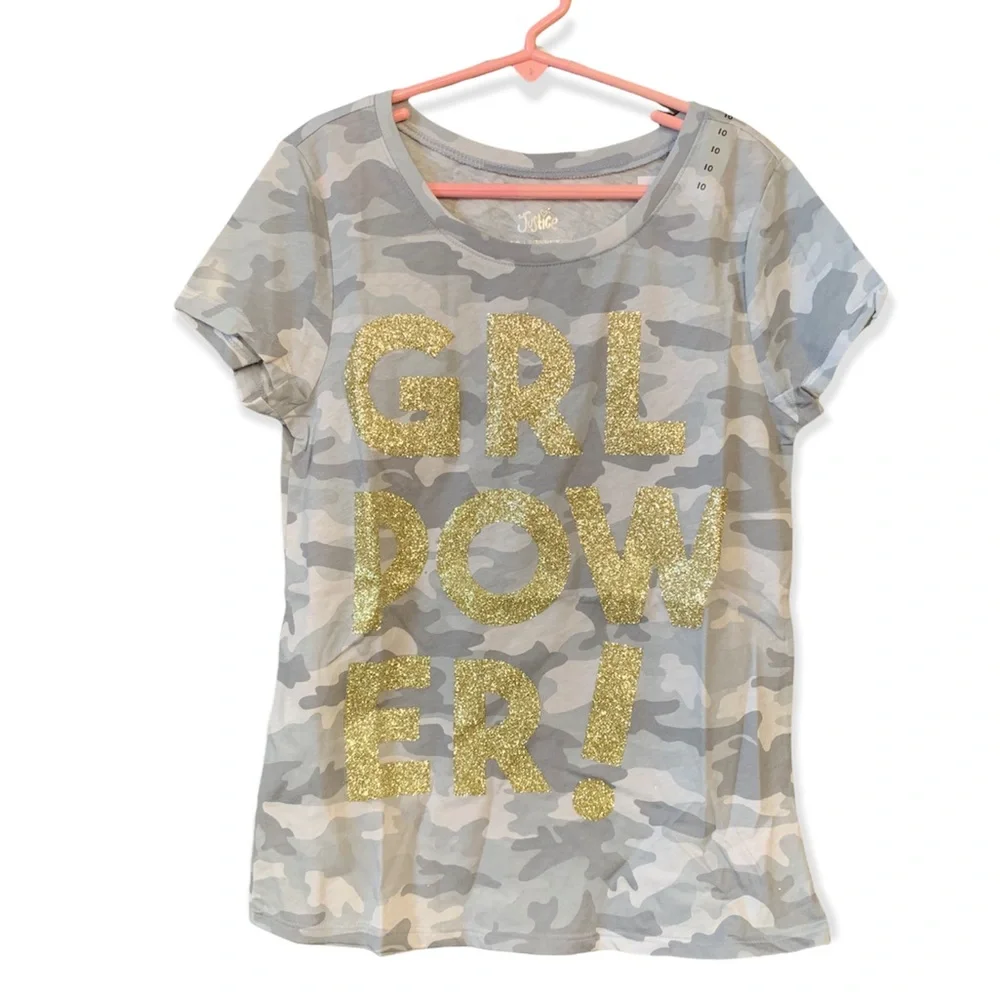 Justice Gray Camo Gold Glitter “GRL POWER” Short Sleeve Tee-Shirt